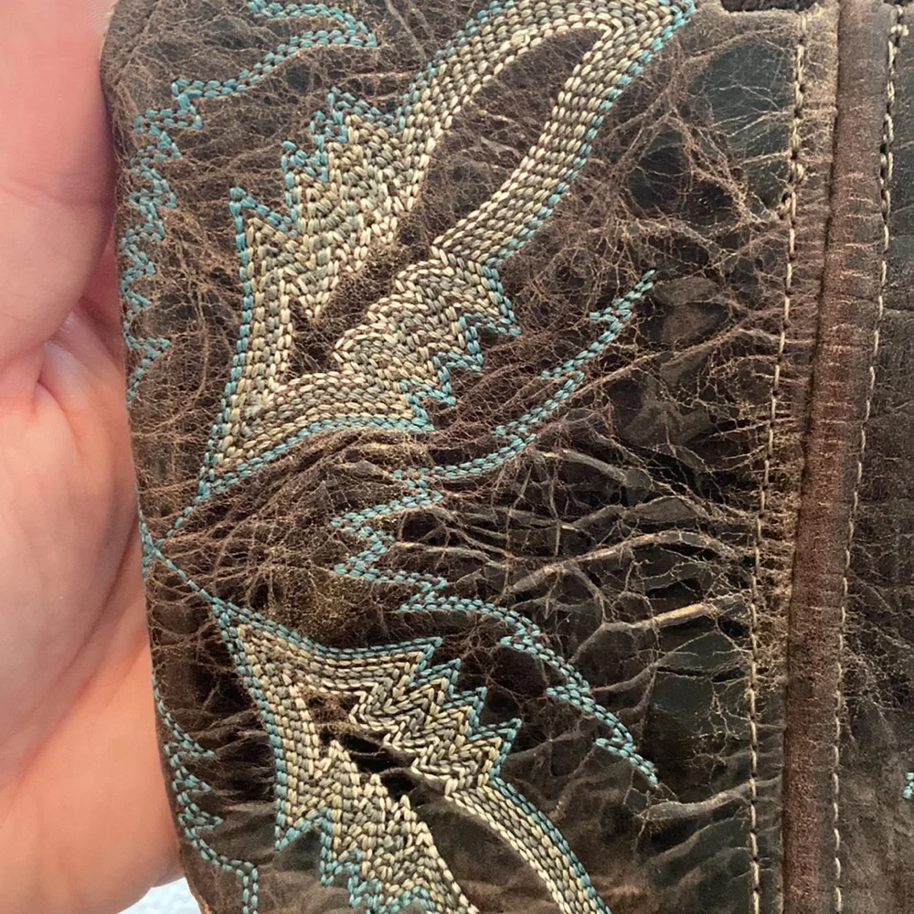 Justin’s dark brown cowboy boots stitching white blue teal matte and shiny - Picture 6 of 7